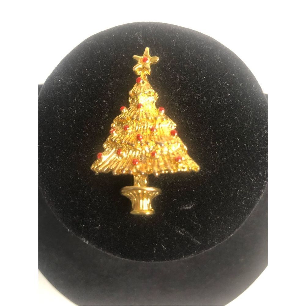 vintage gold tone christmas tree brooch red‎ enamel ornaments 1 3/4 inches